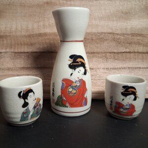 Fuji Sake Tea Set Geisha Girls Japan Pitcher Cups 3 piece Ceramic Crazing